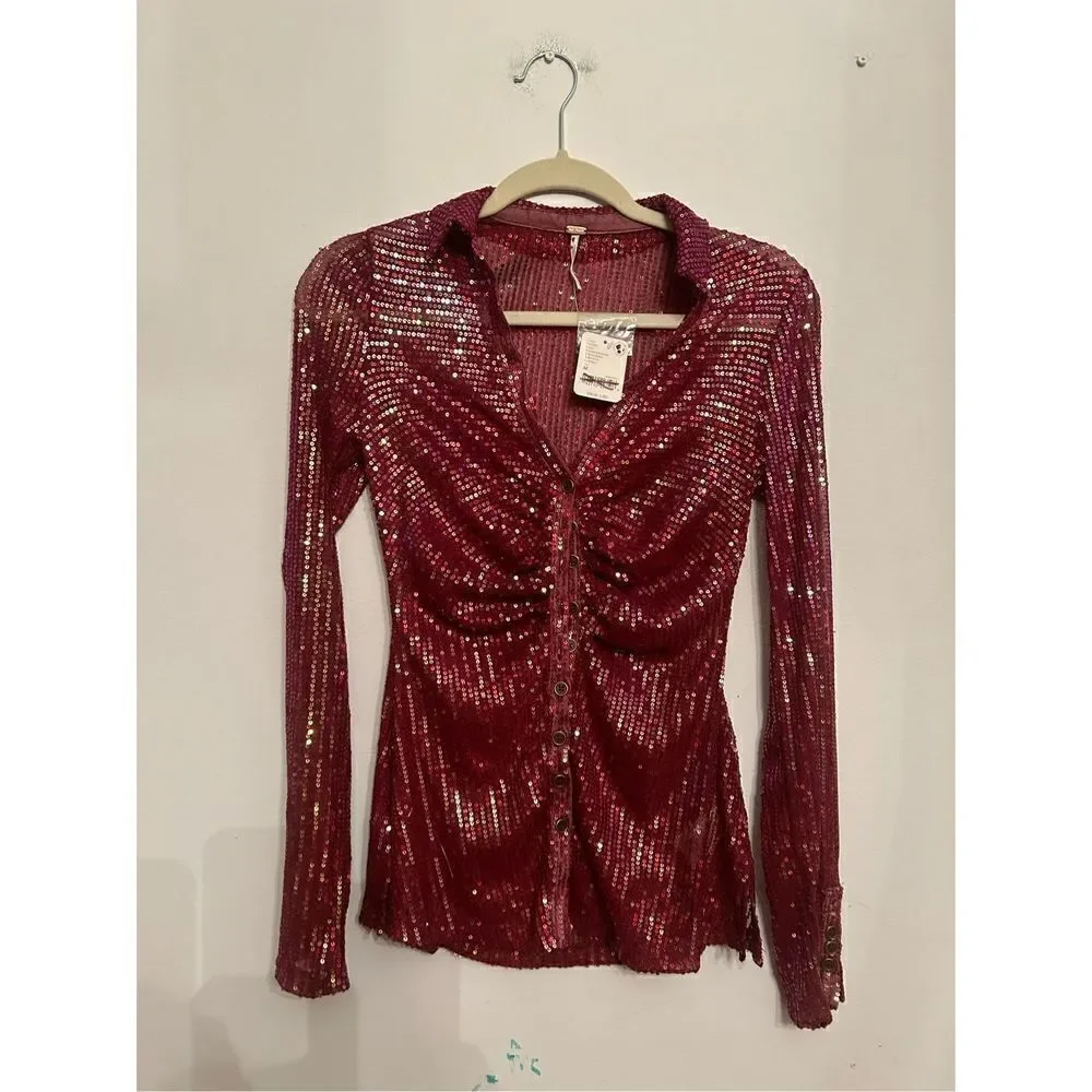 Free People  Iridescent Sequin Collared Ruched Longline Shirtee Dark Rhubarb siz